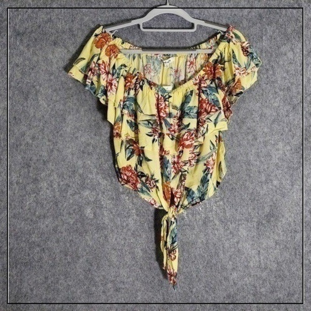 Miss Selfie Top‎ L Yellow Floral Ruffle Off Shoulder Hawaiian Tropical Vacation